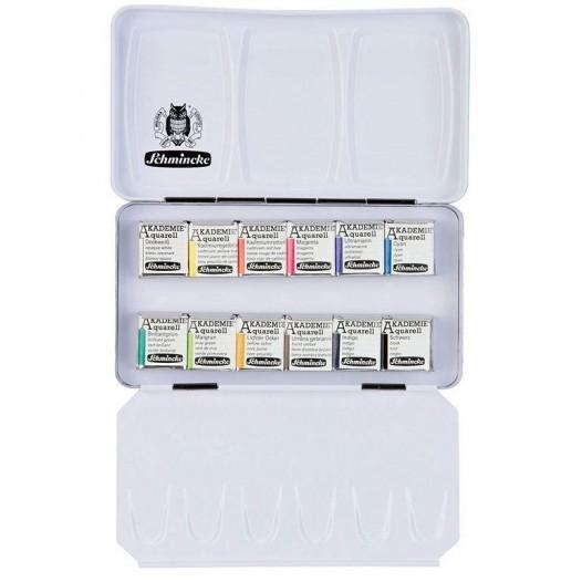 Cowling & Wilcox Akademie Watercolour Half Pan Metal Tin of 12 Cowling & Wilcox Akademie Watercolour Half Pan Metal Tin of 12