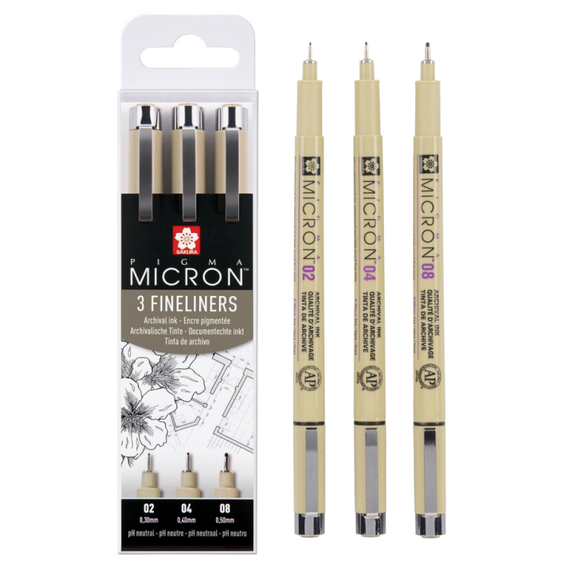 Pigma Micron Fineliners Black: Set of 3 (assorted sizes)