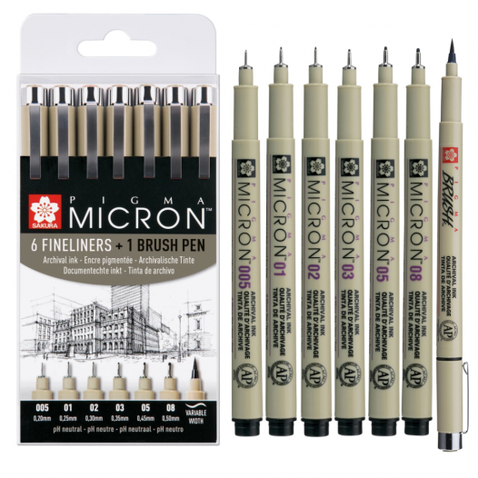 Sakura Pigma Micron Fineliners Black: Set of 6 (+ 1 Brush Pen
