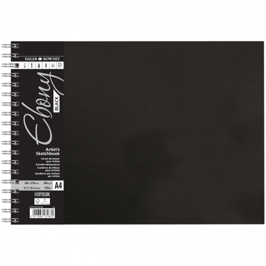 Ebony Hardback Spiral Black Sketchbook - A4 Landscape (160gsm)