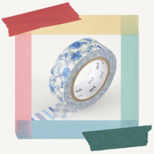 Roll of decorative paper masking tape from MT with an ornate blue flower pattern design