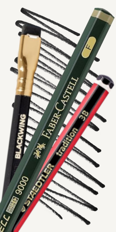 A picture of a Faber-Castell 9000, Staedtler Tradition 110 and a Palomino Blackwing Matte